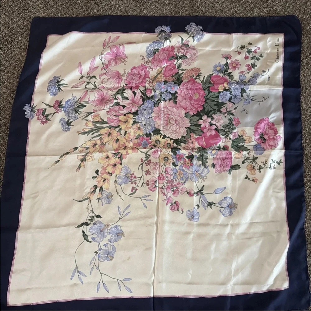 DIOR Vintage Floral Silk Scarf.  white silk with a floral print